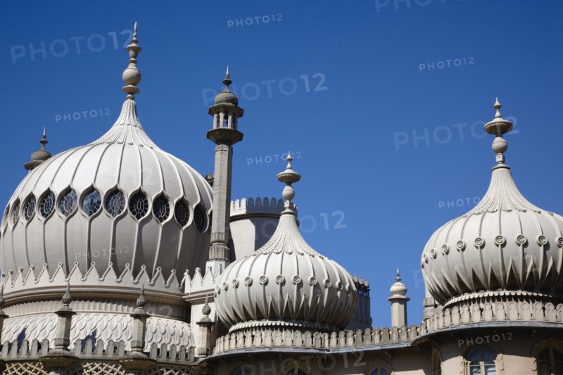 England, East Sussex, Brighton, The Royal Pavilion, 19th century retreat for the then Prince Regent, Designed by John Nash in a Indo Sarascenic style.