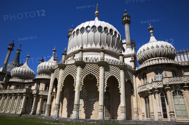 England, East Sussex, Brighton, The Royal Pavilion, 19th century retreat for the then Prince Regent, Designed by John Nash in a Indo Sarascenic style.