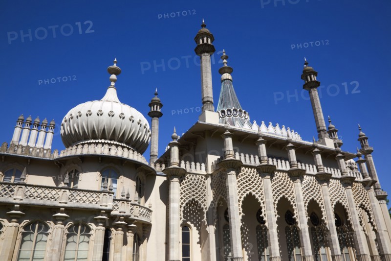 England, East Sussex, Brighton, The Royal Pavilion, 19th century retreat for the then Prince Regent, Designed by John Nash in a Indo Sarascenic style.