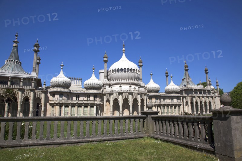 England, East Sussex, Brighton, The Royal Pavilion, 19th century retreat for the then Prince Regent, Designed by John Nash in a Indo Sarascenic style.