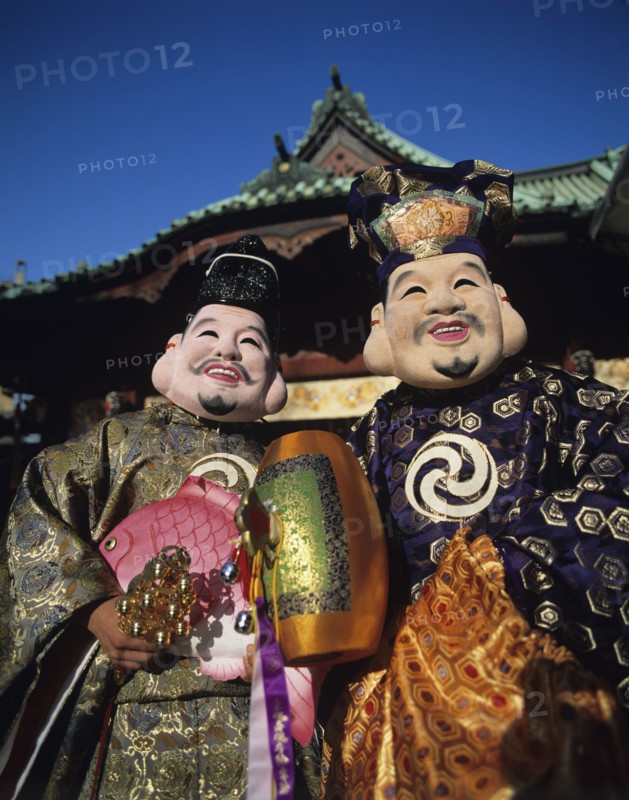 Festivals, Japan. People dressed in traditional costume. Japan Japanese Nippon Nihon Asia Asian Tradition Traditional Costume Attire Clothing Dress People Figures Mask Masks Color Colour Colors Colours Colored Coloured Colorful Colourful Classic Classical Cultural Cultures Destination Destinations Historical Older Order Fellowship Guild Club