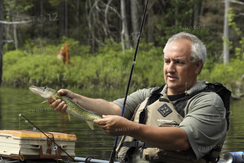 Sullivan, New Hampshire, USA. Jeff Russell holding a Pickerel fish caught by fishing from kayak on Bolster Pond. USA United State States America American New Hampshire NH Sullivan Bolster pond lake Water Sport Fishing Fish Pikckerel Southern Pike Kayak Man Jeff Russell MR Model Released Model Released Destination Destinations Male Men Guy New Hampshire Live Free or Die Granite State North America Northern One individual Solo Lone Solitary United States of America