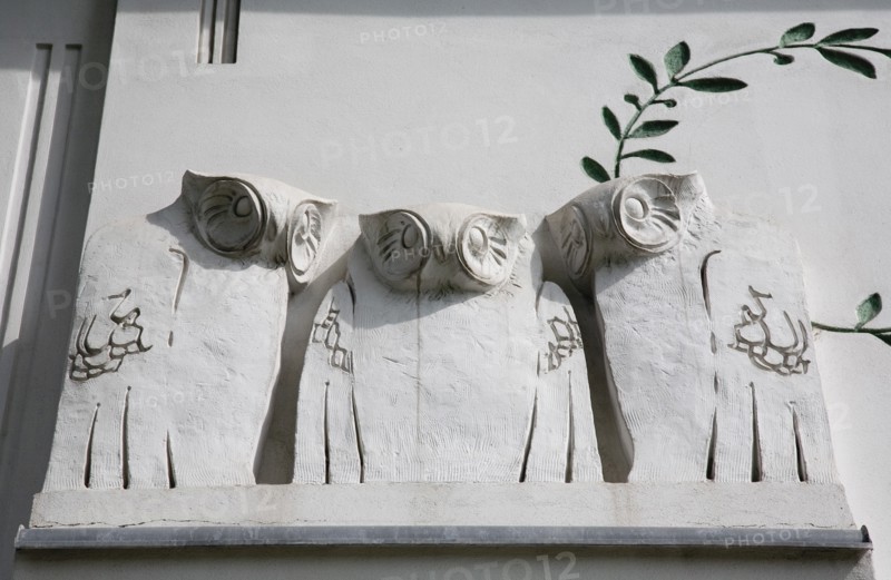 Vienna, Austria. Secession Building. Detail of facade with carved owls in the Jugendstil style attributed to Koloman Moser. Austria Austrian Republic Vienna Viennese Wien Europe European City Capital Architecture Building Detail Exterior Facade Secession Carving Carved Owl Owls Jugenstil Koloman Moser Destination Destinations Osterreich Viena Western Europe