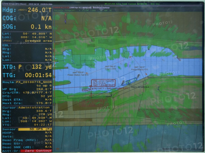 Royal navy radar display showing HMS Shoreham moored in Shoreham harbour. Military Naval Royal Navy Ship Mine Mines Sweeper Radar Radio Radiolocation Search Find Finder Scan Locate Display Position Positioning Echo Detect Map Mapping GPS Global Satelite Navigation Shipping Channel Channels Sweeping HMS Shoreha