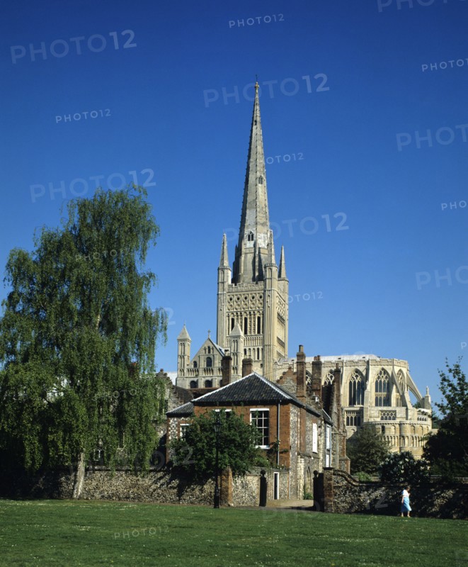 Norwich, Norfolk, England. Cathedral. England English Uk United Kingdom GB Great Britain British Europe European Norfolk Norwich Cathedral Church Architecture Religion Religious Christian Christianity Spire Exterior Steeple Blue Sky British Isles Color Great Britain Northern Europe Religion Religious Christianity Christians United Kingdom Colour