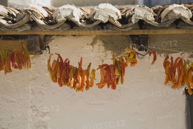Kusadasi, Aydin Province, Turkey. Strings of brightly coloured orange and yellow chilies hanging under eaves of tiled roof of house in the old town to dry in the summer sunshine. Turkey Turkish Eurasia Eurasian Europe Asia Turkiye Aydin Province Kusadasi Chili Chilis Chilli Chillis Chillie Chillies Dried Drying Hanging Hung Pepper Peppers Capsicum Capsicums Red Color Colour Colored Coloured Orange Destination Destinations European Middle East South Eastern Europe Western Asia
