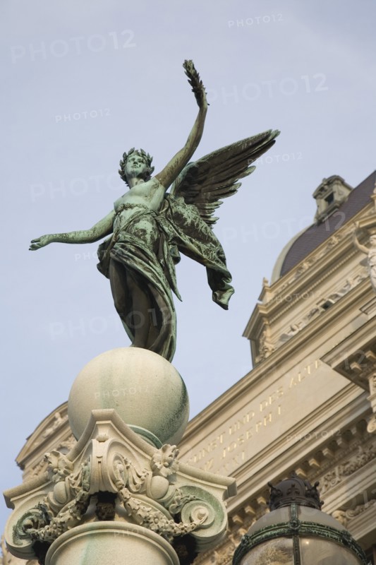 Vienna, Austria. Kunsthistorisches Museum the Museum of Art History. Part view of exterior with winged statue. Austria Austrian Republic Vienna Viennese Wien Europe European City Capital Architecture Exterior Art Statue Sculpture Winged Museum Histroy Kunsthistorisches Female Figure Blue Destination Destinations Osterreich Viena Western Europe