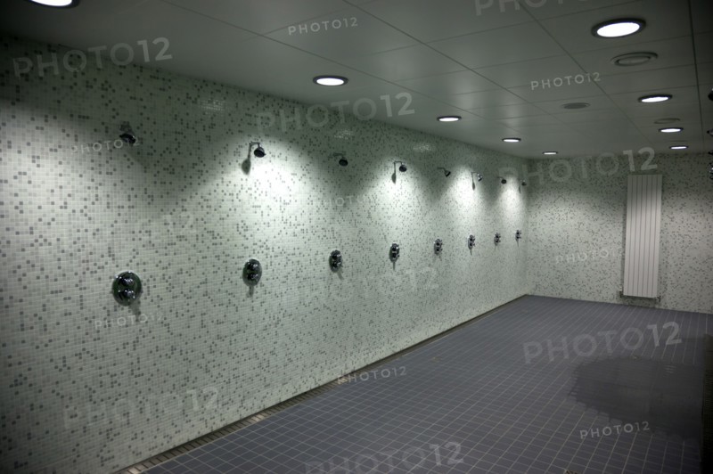 Dublin, County Dublin, Ireland. Ballsbridge Lansdowne Road Aviva Football stadium Home team changing room showers. Ireland Republic Eire Europe European Dublin Baile Atha Cliath Capital City Ballsbridge Suburb South Lansdowne Road Stadium Sport Sports Venue Ground Home National Ball Football Soccer Rugby Architecture Aviva Interior Inside Changing Room Shower Showers