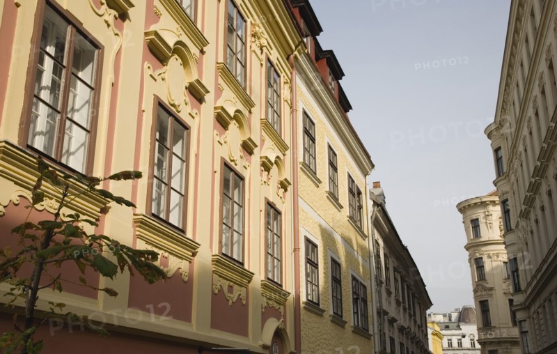 Vienna, Austria. Renovated exterior facades of pastel painted buildings. Austria Austrian Republic Vienna Viennese Wien Europe European City Capita Architecture Buildings Facade Renovated Restored Pastel Street Color Destination Destinations Osterreich Viena Western Europe