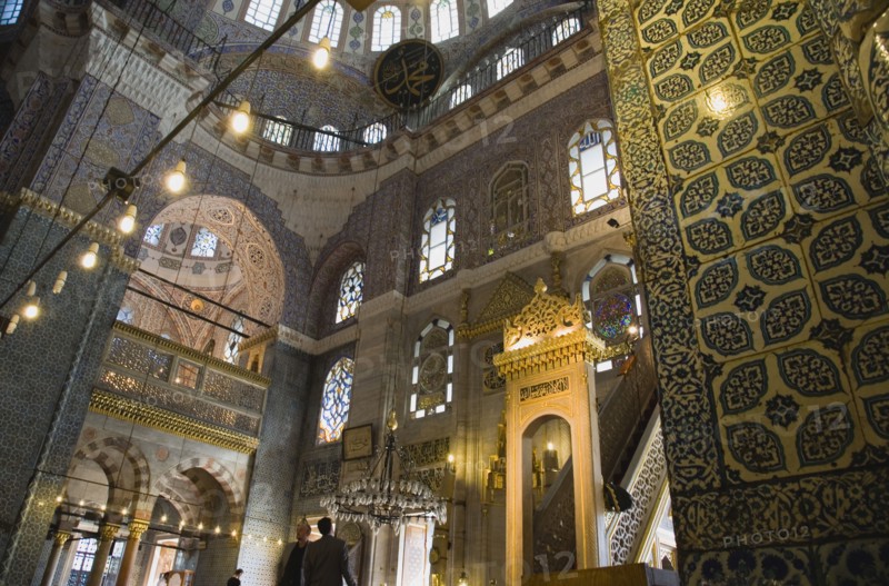 Istanbul, Turkey. Sultanahmet. The New Mosque or Yeni Camii. Tiled and highly decorated interior. Turkey Turkish Istanbul Constantinople Stamboul Stambul City Europe European Asia Asian East West Urban Destination Travel Tourism Sultanahmet New Mosque Yeni Camii Interior Muslim Moslem Islam Islamic Religion Religious Destination Destinations Middle East Religion Religious Muslims Islam Islamic South Eastern Europe Turkiye Western Asia