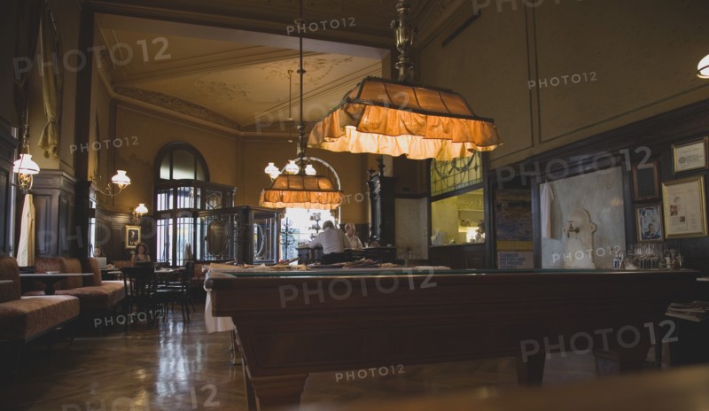 Vienna, Austria. Mariahilf District. Cafe Sperl the preferred cafe of Adolf Hitler. Interior with billiard table and customers sitting at bar and beside window. Established for over 120 years the Cafe Sperl offers billiards and forbids mobile phones. Austria Austrian Vienna Viennese Wien Mariahlf 6th District Cafe Sperl Hitler Waitress Interior Coffee Europe European Work Urban City Table Tables Billiard Billiards Bistro Cell Cellular Destination Destinations History Historic Osterreich Restaurant Viena Western Europe