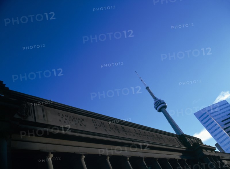 Toronto, Ontario, Canada. Union Station and the CN Tower. Canadian National American Blue Destination Destinations North America Northern