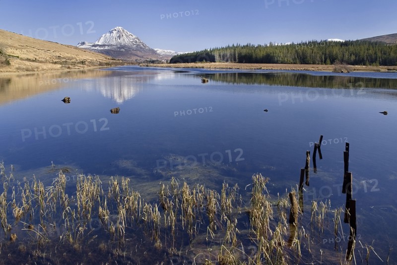 Gweedore, County Donegal, Ireland. Mount Errigal seen across lake. Ireland Irish Eire Erin Europe European Republic Donegal Gweedore Mount Errigal Mountain Tourism Landscape Scenic Mountains Old buildings Ruins Stonework Brown Blue Sky Lake Water Destination Destinations Northern Europe Poblacht na hEireann