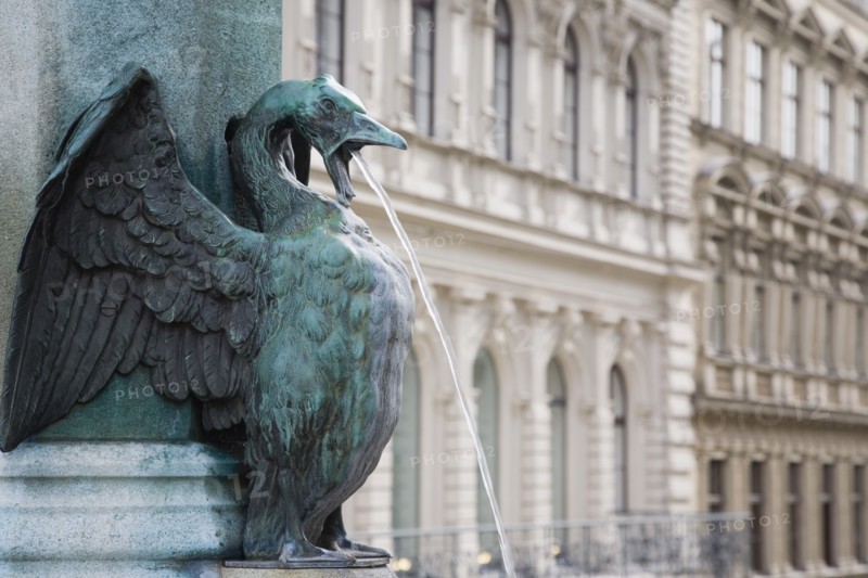 Vienna, Austria. Neubau District. Detail of bronze fountain depicting goose or swan with outstretched wings spouting water from open beak. Austria Austrian Republic Vienna Viennese Wien Europe European City Capital Neubau District Bronze Fountain Water Spout Spouting Destination Destinations Osterreich Viena Western Europe