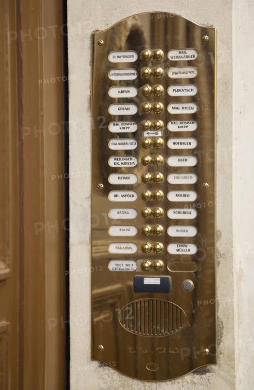 Vienna, Austria. Polished brass bell and names of residents at entrance to apartment. Austria Austrian Republic Vienna Viennese Wien Europe European City Capital Architecture Building Entrance Door Bell Doorbell Bells Names Numbers Brass Panel Plate Speaker Entry Flat Osterreich Viena Western Europe