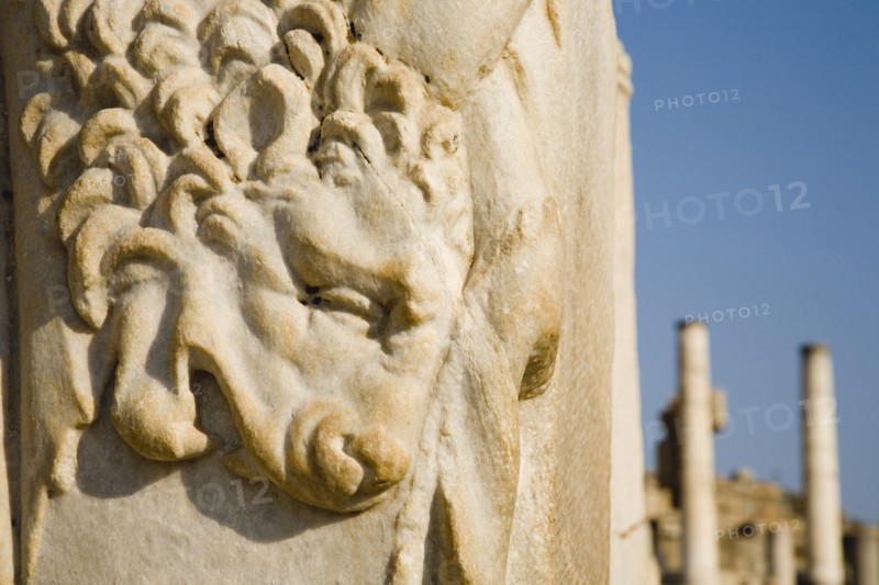 Selcuk, Izmir Province, Turkey. Ephesus. Detail of carving of the skin of the Nemean lion slain by Heracles or Hercules on the ruins of the Gate of Heracles. Asian Destination Destinations European History Historic Middle East South Eastern Europe Turkish Turkiye Western Asia