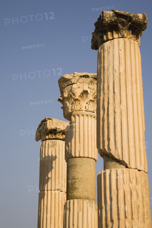 Selcuk, Izmir Province, Turkey. Ephesus. Ruined columns in antique city of Ephesus on the Aegean sea coast. Asian Destination Destinations European History Historic Middle East South Eastern Europe Turkish Turkiye Water Western Asia