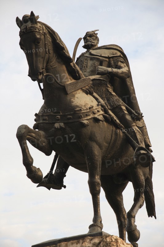 Tirana, Albania. Equestrian Statue of Skanderbeg the national hero. Albanian Shqip‘ria Southern Europe Albania Albanian Republic Europe European Travel Destination Indo European Tirana Tirane Architecture Statue Equestrian Figure Male Man Skanderberg Hero National Blue Clouds Cloud Sky Destination Destinations Male Men Guy