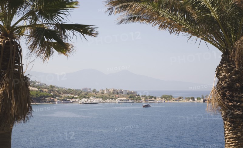 Kusadasi, Aydin Province, Turkey. Guvercin Ada or Pigeon Island the peninsula of Kusadasi. View across water framed by palm trees. Turkey Turkish Eurasia Eurasian Europe Asia Turkiye Aydin Province Kusadasi Guvercin Ada Pigeon Island Sea Water Palm Tree Palms Trees Destination Destinations European Middle East Scenic South Eastern Europe Western Asia