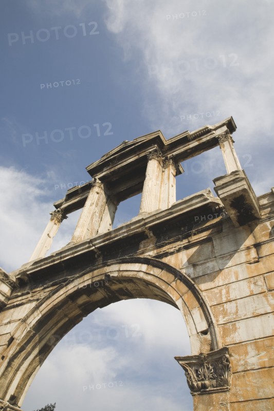 Athens, Attica, Greece. Hadrians Arch at the entrance to the Temple of Olympian Zeus. Greece Greek Attica Athens Europe European Vacation Holiday Holidays Travel Destination Tourism Ellas Hellenic Acropolis Parthenon Temple Olympian Zeus Ruin Ruins Column Columns Atenas Athenes Blue Clouds Cloud Sky Destination Destinations Ellada History Historic Southern Europe
