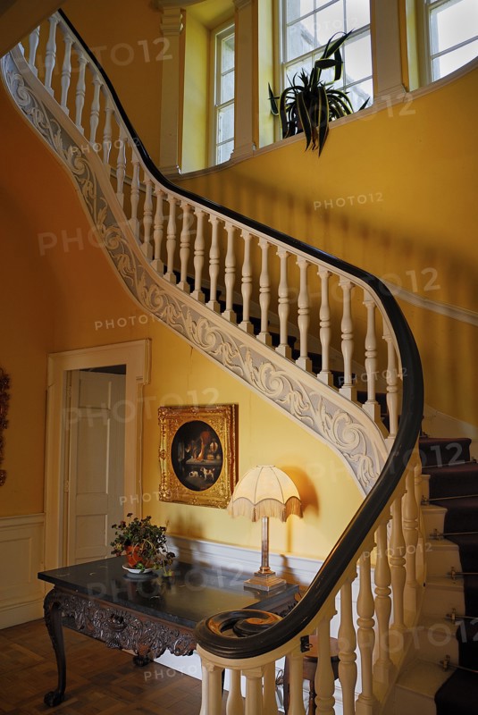 Belvedere House, County Westmeath, Ireland. House interior showing ornate staircase. Ireland Irish Eire Erin Europe European County West Meath Westmeath Belvedere House Architecture Interior Hall Hallway Stairs Staircase Table Lamp Painting Artwork Color Destination Destinations History Historic Northern Europe Poblacht na hEireann Republic Colour