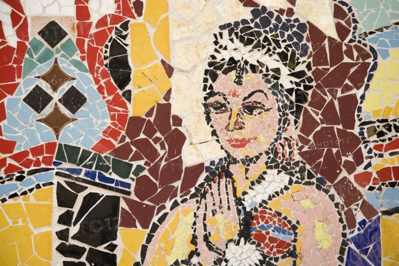 Athens, Attica, Greece. Mosaic of coloured tile pieces depicting female figure at city subway station. Greece Greek Europe European Vacation Holiday Holidays Travel Destination Tourism Ellas Hellenic Art Architecture Mosiac Tile Tiles Pieces Female Figure Woman Subway Underground Station Atenas Athenes Colored Destination Destinations Ellada Female Women Girl Lady Roundel Southern Europe
