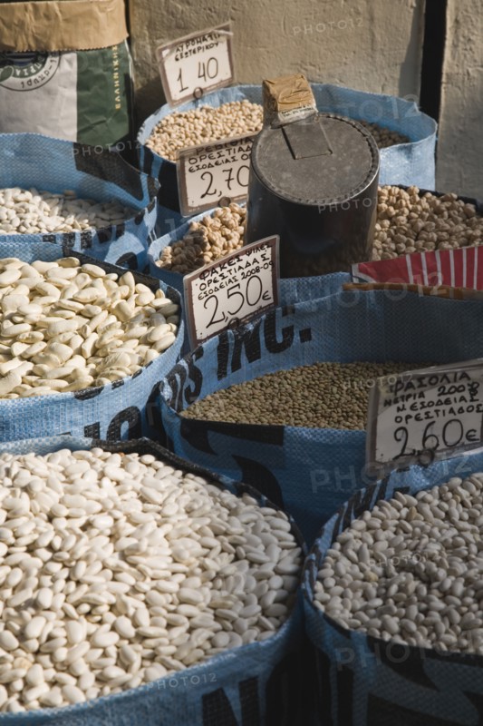Athens, Attica, Greece. Sacks of beans for sale displayed on market food stall. Greece Greek Europe European Vacation Holiday Holidays Travel Destination Tourism Ellas Hellenic Attica Athens Market Beans Central Pulses Dried Goods Food Sacks Price Card Prices Atenas Athenes Destination Destinations Ellada Southern Europe