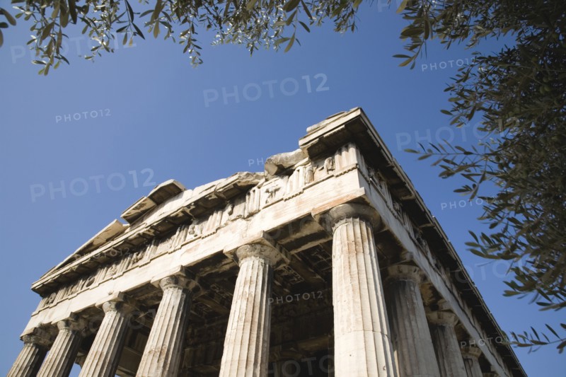 Athens, Attica, Greece. Temple of Hephaestus part view of eastern face. Greece Greek Attica Athens Temple Hephaestus Tourist Europe European Vacation Holiday Holidays Travel Destination Tourism Ellas Hellenic Ancient Ruin Ruins Column Columns Atenas Athenes Blue Destination Destinations Ellada History Historic Sightseeing Southern Europe Tourists