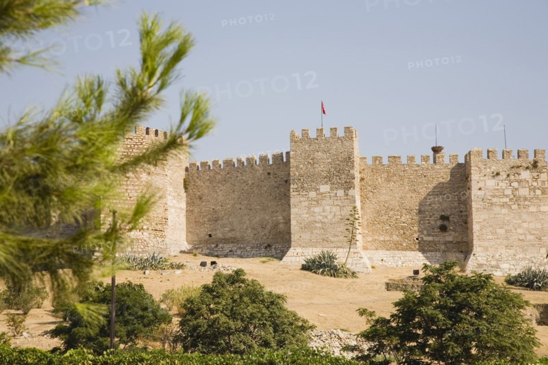 Selcuk, Izmir Province, Turkey. Site of the 6th century Basilica of St. John the Apostle below section of crenellated wall and towers with trees and bushes in foreground. Turkey Turkish Eurasia Eurasian Europe Asia Turkiye Izmir Province Selcuk Basilica St Saint John Apostle Crenellated Wall Walls Tower Towers Destination Destinations European History Historic Middle East South Eastern Europe Western Asia