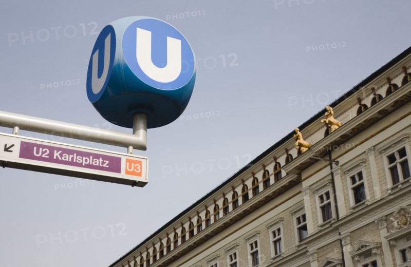 Vienna, Austria. Neubau District. The Vienna U Bahn sign for the Untergrundbahn or underground railway. White letter U on circular blue background. Austria Austrian Republic Vienna Viennese Wien Europe European City Capital Sign Signs Transport Underground Subway U Bahn Station Untergrundbahn Color Destination Destinations Osterreich Roundel Signs Display Posted Signage Viena Western Europe
