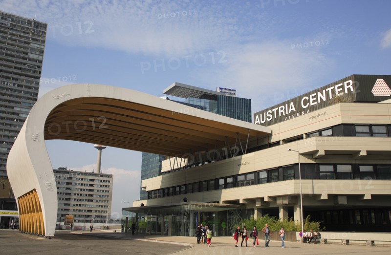 Vienna, Austria. The Austria Center in the Donau City district. Austria Austrian Vienna Wien Viennese Republic Austro-Bavarian Wean Europe European City Capital Donau District Austria Center Center Centre Architecture Modern Exterior Facade People Group Tourists Travel Destination Destination Destinations Holidaymakers Osterreich Performance Tourism Viena Western Europe