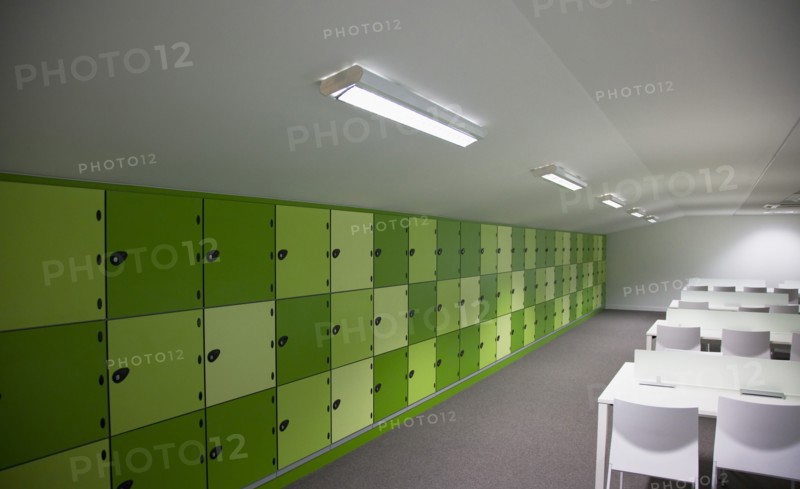Dublin, County Dublin, Ireland. Ballsbridge Lansdowne Road Aviva Football stadium Detail of the Press Room lockers. Ireland Republic Eire Europe European Dublin Baile Atha Cliath Capital City Ballsbridge Suburb South Lansdowne Road Stadium Sport Sports Venue Ground Home National Ball Football Soccer Rugby Architecture Aviva Interior Inside Press Room Reporters Lockers Cabinets Green