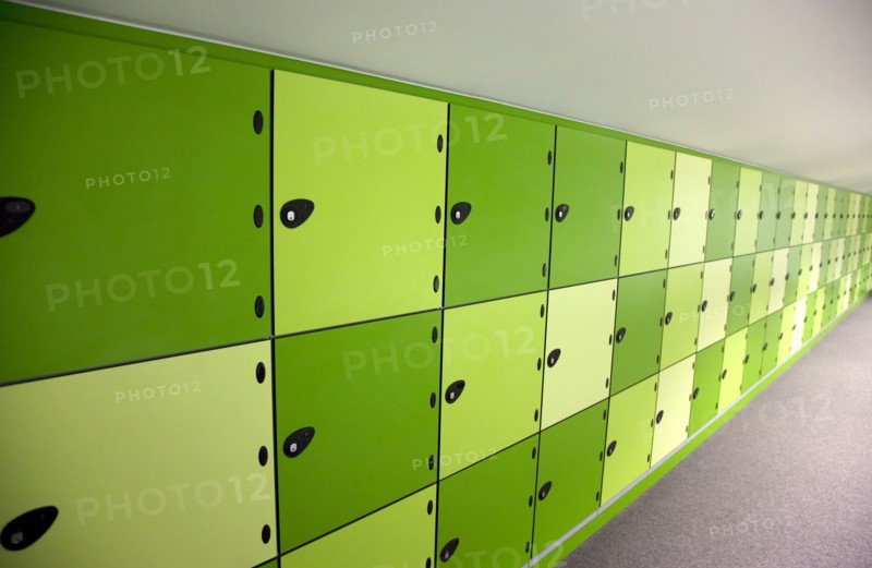 Dublin, County Dublin, Ireland. Ballsbridge Lansdowne Road Aviva Football stadium Detail of the Press Room lockers. Ireland Republic Eire Europe European Dublin Baile Atha Cliath Capital City Ballsbridge Suburb South Lansdowne Road Stadium Sport Sports Venue Ground Home National Ball Football Soccer Rugby Architecture Aviva Interior Inside Press Room Reporters Lockers Cabinets Green