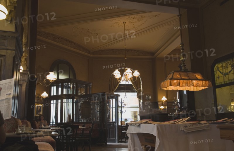 Vienna, Austria. Mariahilf District. Cafe Sperl the preferred cafe of Adolf Hitler. Interior with customers reading. Established for over 120 years the cafe offers billiards and forbids mobile phones. Austria Austrian Vienna Viennese Wien Mariahlf 6th District Cafe Sperl Hitler Waitress Interior Coffee Europe European Work Urban City Table Tables Billiard Billiards Bar Bistro Cell Cellular Destination Destinations History Historic Osterreich Restaurant Viena Western Europe
