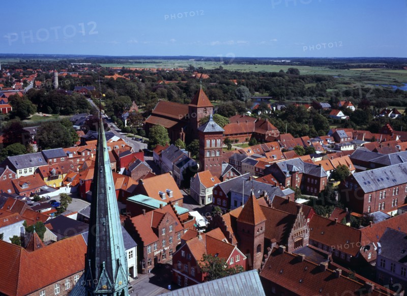 Denmark, Jutland, Ribe, View north-east over city rooftops from the twelth century Domkirke tower. Ribe is Scandinavias oldest town dating from about 700 AD.