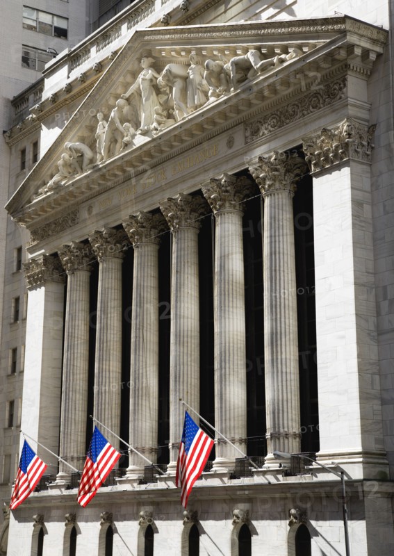 USA, New York, New York City, Manhattan  The New York Stock Exchange building in Broad Street beside Wall Street showing the main facade of the building featuring marble sculpture by John Quincy Adams Ward in the pediment called Integrity Protecting the W