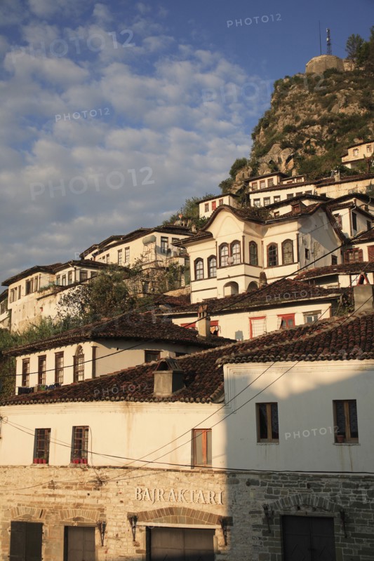 Albania, Berat, Traditional Ottoman buildings on hillside in old town.
