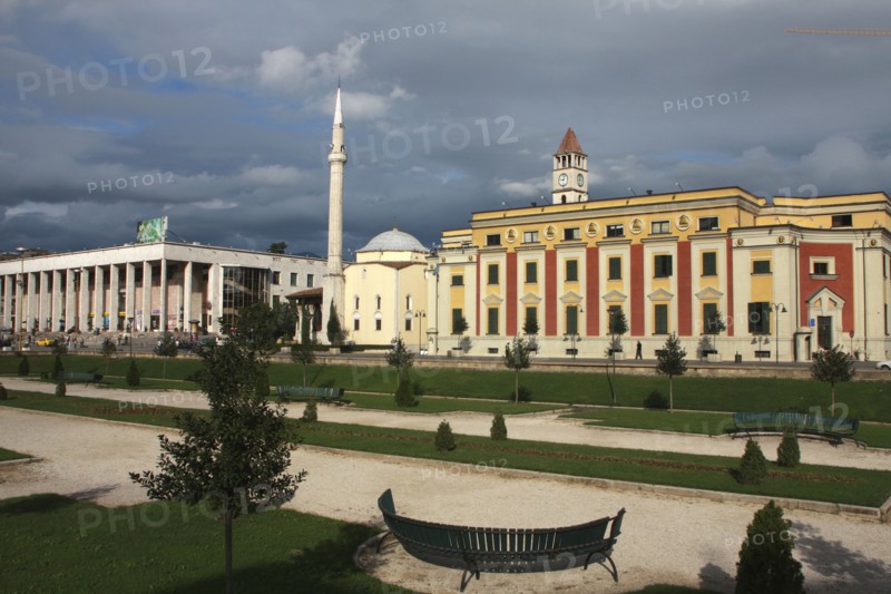 Albania, Tirane, Tirana, Exterior facade of government buildings  Ethem Bey Mosque and Opera House on Skanderbeg Square.
