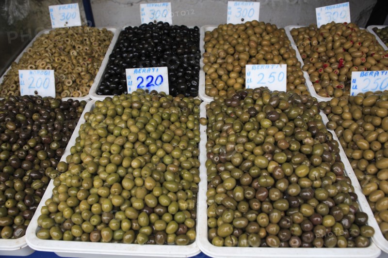 Albania, Tirane, Tirana, Display of olives for sale in the Avni Rustemi Market.