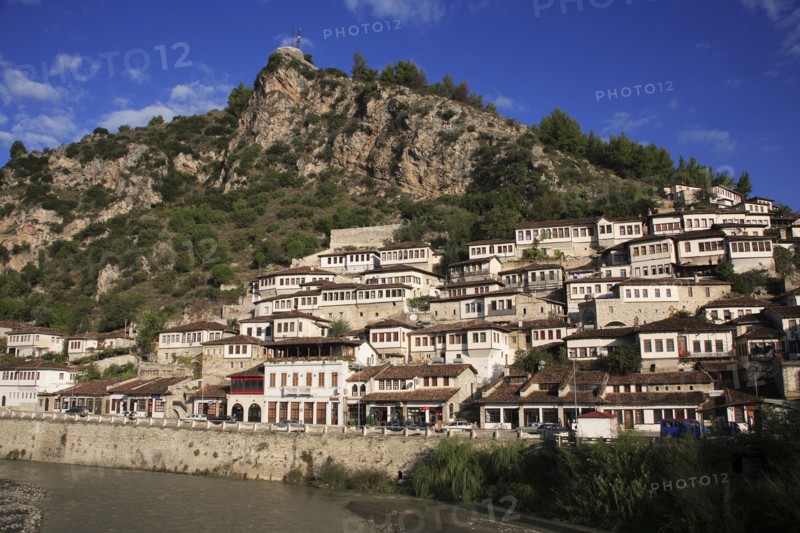 Albania, Berat, Traditional Ottoman buildings on hillside above the River Osum.