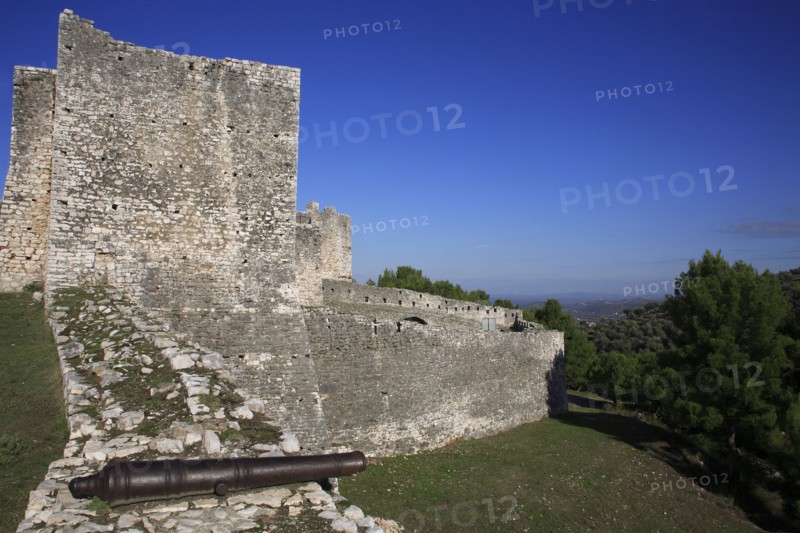 Albania, Berat, Ancient castle battlements with cannon on the walls.