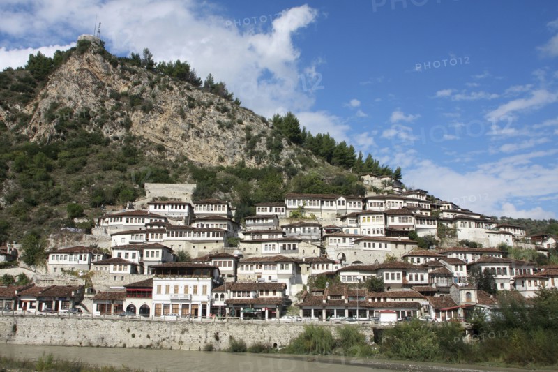 Albania, Berat, Ottoman houses at foot of steep hillside.