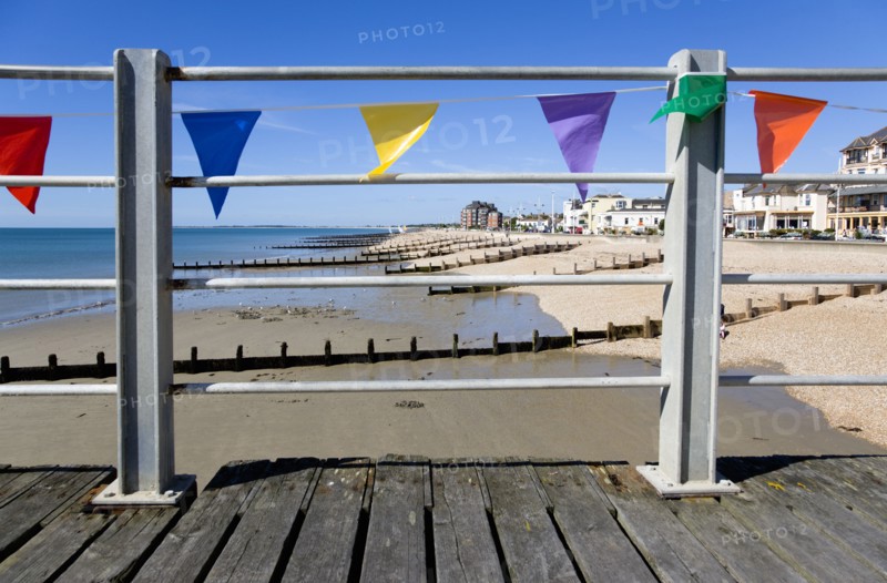 England, West Sussex, Bognor Regis, Wooden groynes at low tide used as sea defences against erosion of the shingle pebble beach seen through metal railings with colourful flags on the pier.