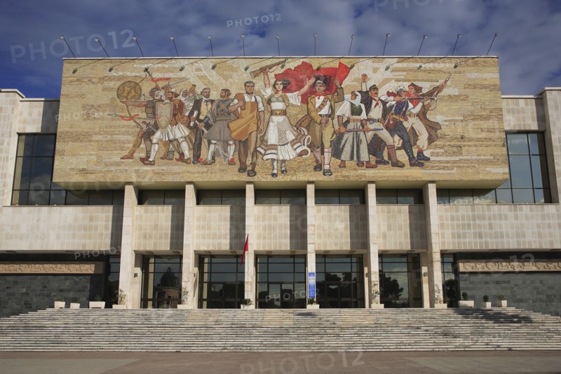 Albania, Tirane, Tirana, National History Museum exterior facade with mosaic representing the historical development of Albania above entrance.
