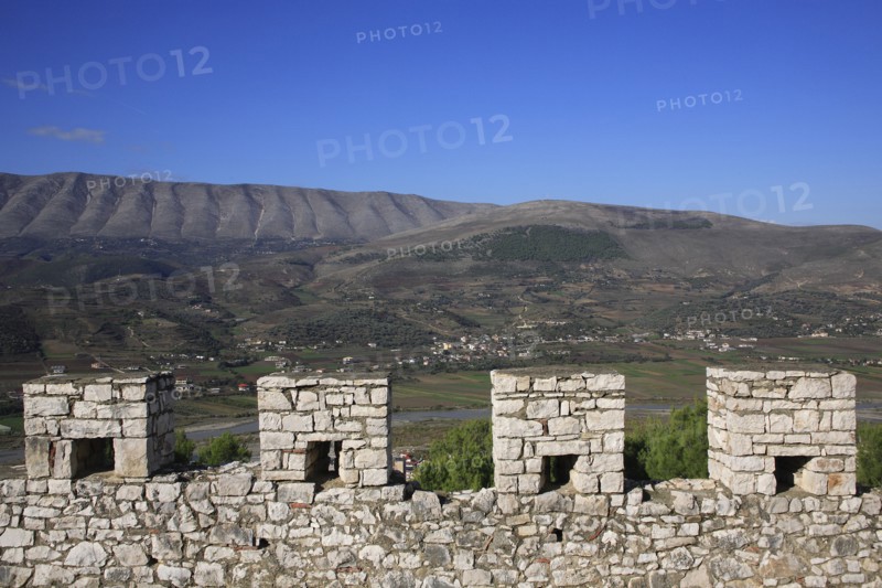 Albania, Berat, Crenellated battlements of ancient castle with cannons.