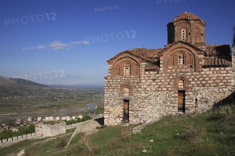 Albania, Berat, St Triada Church with view over the town and River Osun.