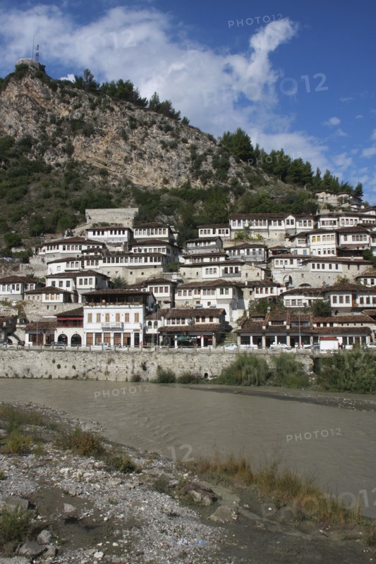 Albania, Berat, Ottoman houses overlooking the Osum River.