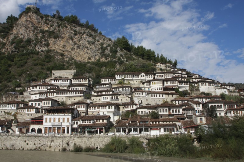 Albania, Berat, Ottoman houses overlooking the Osum River.