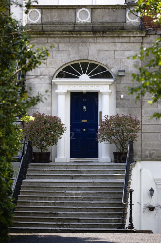 Ireland, County Dublin, Dublin City, Blue Georgian door at the top of steps in the city centre south of the Liffey River.
