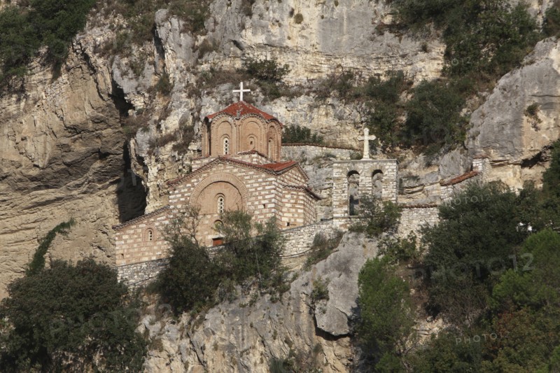 Albania, Berat, Church of St Michael under rock face.